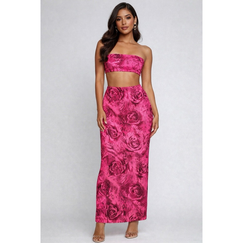 Juniors Size Large 2Pc Hot Pink Floral Maxi Skirt Set Bandeau Tube Top Matching‎